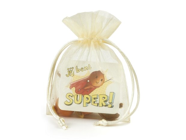 Wilde tulpen in organdi zakje -  Jij bent super - kindertraktatie - voorkant
