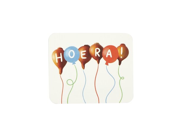Wilde tulpen in organdi zakje -  hoera - kindertraktatie - label voorkant