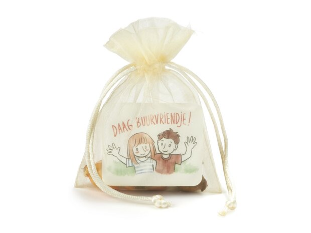 Wilde tulpen in organdi zakje -  daag buurvriendje - kindertraktatie - voorkant